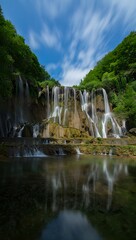 Obraz premium Cascading Waterfall with Lush Greenery and Reflection in Clear Water