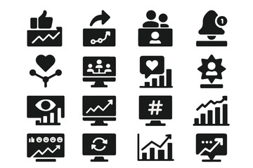 Business and social media silhouette icon set for analytics and marketing