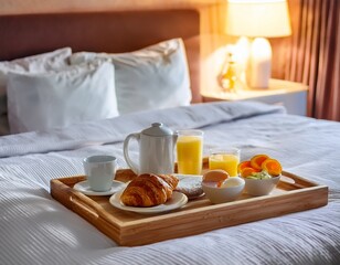 a cozy morning in a hotel with a tray of breakfast treats on a fuzzy bed background