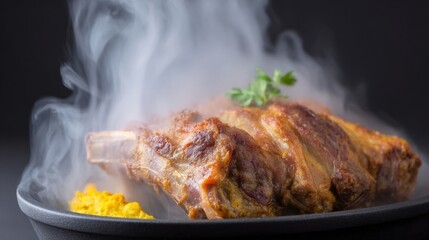 Succulent smoked ribs exude aromatic clouds, paired with golden turmeric mash, invoking autumn feasts and Oktoberfest indulgence