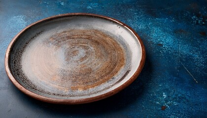 a rustic ceramic plate sits on a mottled blue surface