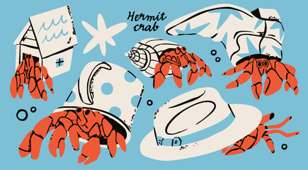 Set of Hermit Crab in various shells like house, cup, hat, boot. Cute characters. Hand drawn modern Vector illustration. Isolated design elements. Sea, ocean, underwater, beach creature concept © Dariia
