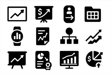 Growth and finance solid icon set. data, analysis, strategy visuals collection