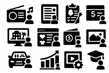 Social media, education silhouette icon set. business, finance icons silhouette collection
