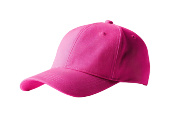 A bright, vibrant hot pink baseball cap, angled slightly to the right, is featured against a pure black background. The cap's fabric appears smooth and dense