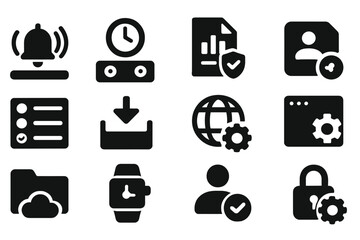 Technology solid icon set for devices, security, and file management solutions