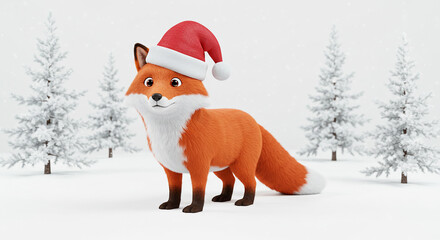 Fox wearing a Santa hat in a snowy winter landscape.