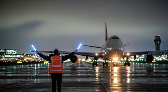 A ground crew member guides a large passenger plane with lit wands at night on a wet runway, airport lights gleaming in background