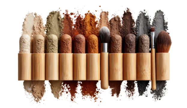 Natural makeup palettes and brushes in wood holders.  Various earth tones