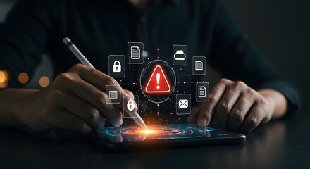 Digital Security Alert: Person Interacting with Cybersecurity Icons on Tablet