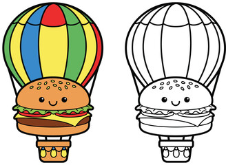 Cute Cartoon Burger in Hot Air Balloon - Colorful Food and Adventure Concept