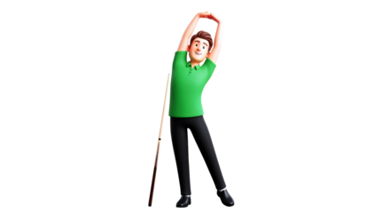 3d cartoon billiards player prepares stretching for victory, game ready, dynamic pose, fun, active lifestyle, isolated on transparent background