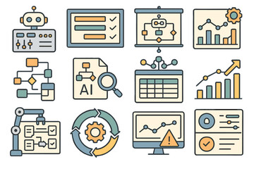 Data analytics icon set. ai, chart, graphs, and analysis icons in flat style