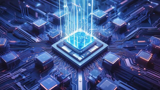 High-detail 4K loop of a glowing motherboard fractal circuit bloom, central chip radiating blue light, circuits along pathways, holographic effects geometric seamless VJ-ready animation - Powered by Adobe