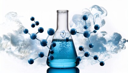 a chemistry flask fizzing with vapor and molecular symbols isolated on white