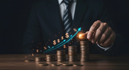Financial Growth Concept: Businessman Stacking Coins with Upward Arrow and Dollar Signs