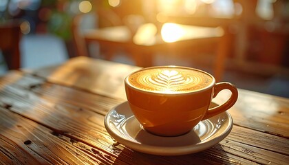 Close-up of latte art in a ceramic cup on a wooden table
