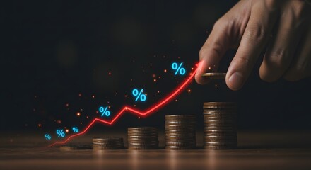 Financial Growth Concept: Rising Stock Market Chart with Coins and Percentage Symbols