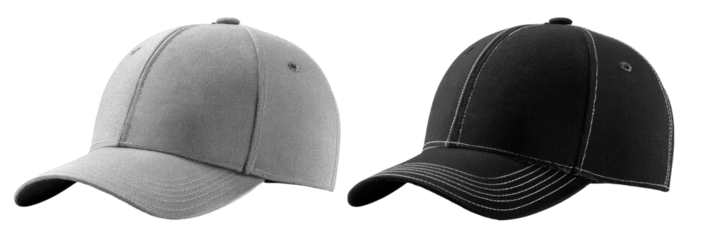 Two baseball caps, one light gray, one dark gray/black