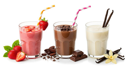 Delicious assortment of strawberry, chocolate, and vanilla milkshakes isolated on white background