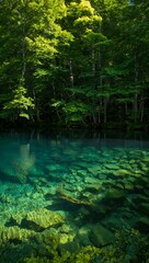 Crystal clear lake surrounded by green forest in natural landscape