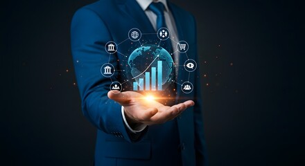 Global Business Growth and Financial Success Concept - Businessman Holding Digital Globe with Icons