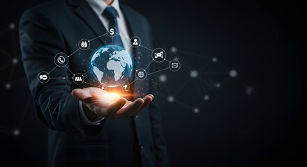 Global Business Network and Digital Communication Concept with Businessman Holding Earth