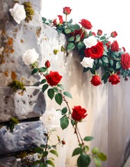 A profusion of red and white roses climbs a weathered stone wall, creating a romantic and delicate display.