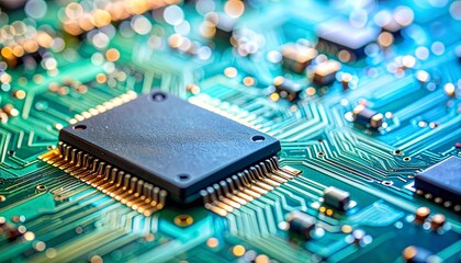 Close-up of an integrated circuit chip on a printed circuit board with glowing electronic pathways