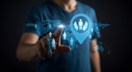 Global Network Connection: Person Touching World Map with People Icons