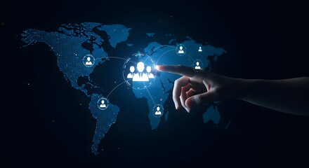 Global Network Connection: Hand Touching Digital World Map and People Icons