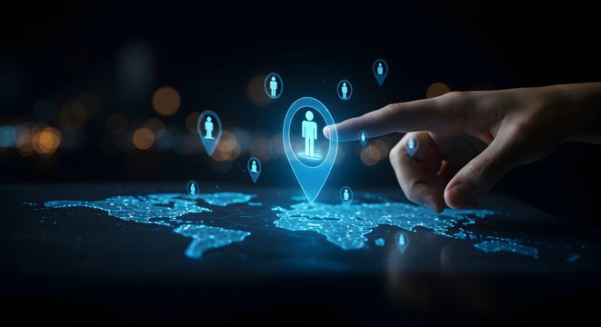 Global Network Connection: Human Icons on Digital World Map with Finger Interaction