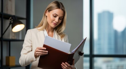 Obraz premium A businesswoman in a white suit holding a folder in an office setting.