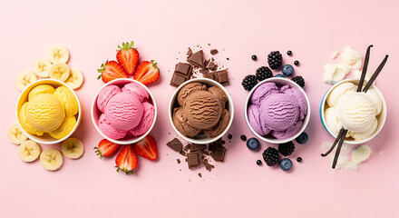A vibrant assortment of delicious ice cream flavors in cups with fresh fruit on a pink banner background