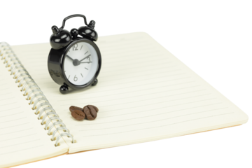 Morning routine and study time concept with coffee beans and a clock, isolated on white background with clipping path.