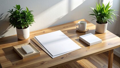 Workspace Serenity Green Plants and Sunlight on Wooden Desk in Home Office