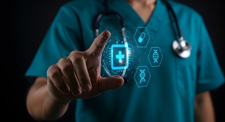 Healthcare Professional Interacting with Futuristic Digital Medical Interface