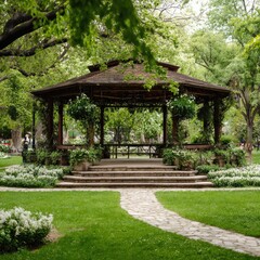 Obraz premium A charming wooden gazebo stands amidst lush greenery in a tranquil park setting, bathed in natural light.