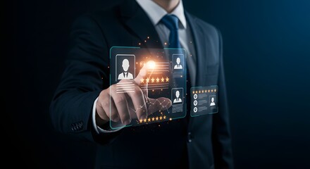 Human Resources Manager Evaluating Candidates on Digital Screen with Star Ratings