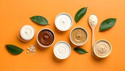 Flat lay showcasing various vegan nut butters and yogurt alternatives, promoting a sustainable vegan lifestyle against a vibrant orange background.