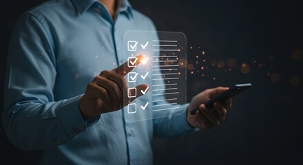 Man's Hand Interacting with Digital Checklist on Futuristic Screen