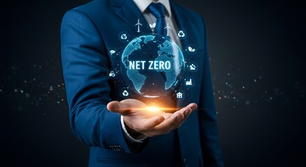 Net Zero Concept: Businessman Holding Globe with Eco Icons and Emissions Reduction Symbols