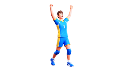 triumphant volleyball player joyful celebration, athletic victory, blue uniform, isolated on transparent background
