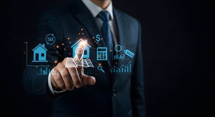 Real Estate Investment Analysis: Businessman Interacting with Digital Icons for Property Growth