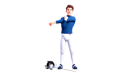 Obraz premium 3d cartoon fencer prepares focused athlete, stretching, ready to duel, isolated on transparent background