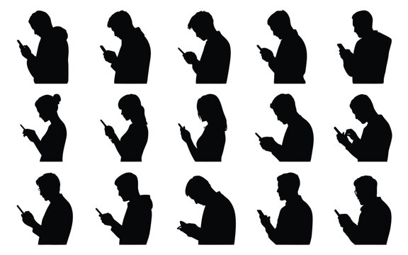 Vector art of silhouette of people using smartphone collection of man and woman looking at mobile phone vector illustration of people using cellphone