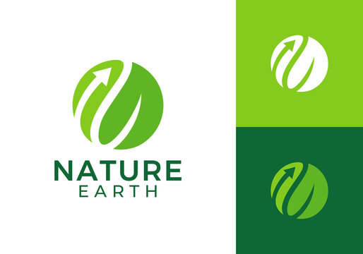 leaf with arrow logo. globe nature growth symbol icon design