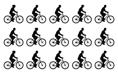 Vector art of silhouettes of people riding bicycles in a row, a dynamic composition showcasing the joy of cycling and outdoor activity