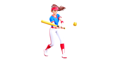 3d cartoon softball player powerful swing, determined athlete, upcoming hit, isolated on transparent background