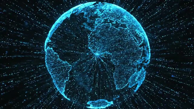Glowing digital globe with light trails representing global data flow and connectivity